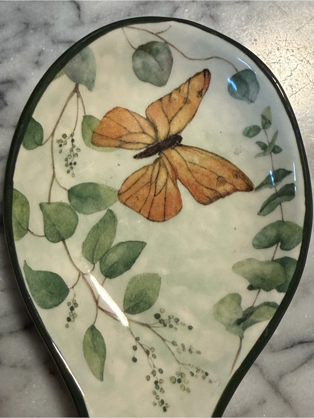 Yellow Butterfly Ceramic Spoon Rest with Green Leaf Motif